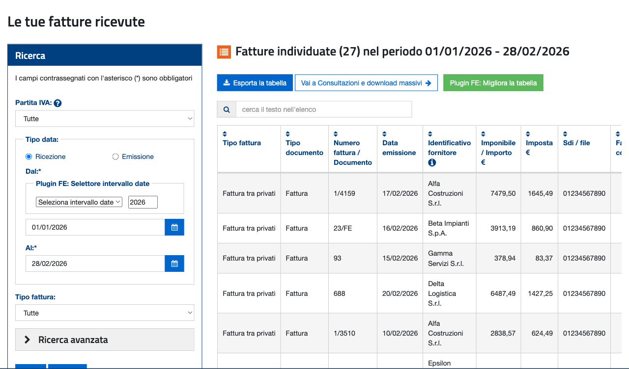 La pagina «Le tue fatture ricevute» del portale Fatture e Corrispettivi. Nel riquadro Ricerca, sopra i campi Dal e Al, compare il selettore «Plugin FE: Selettore intervallo date» con un menù a tendina e l'anno 2026. Sopra l'elenco, accanto ai pulsanti del portale, c'è il pulsante verde «Plugin FE: Migliora la tabella». L'intestazione dice «Fatture individuate (27) nel periodo 01/01/2026 - 28/02/2026» e la tabella mostra le fatture con fornitore, imponibile, imposta e identificativo SdI.